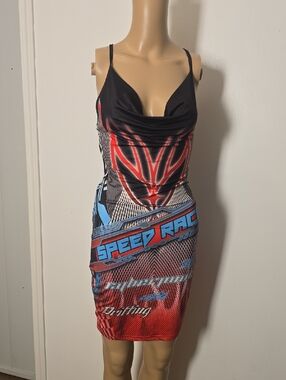 Graphic 'Speed Race' Racer Print Bodycon Dress - Black, Red, Blue - Small